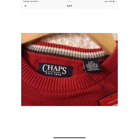 Chaps Knit Sweater Large Mens Red Crew Neck Heavyweight Long Sleeve Cotton NWT - Picture 2 of 7